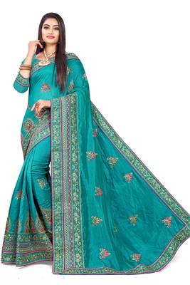 Turquoise embroidered art silk saree with blouse 1