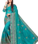 Turquoise embroidered art silk saree with blouse