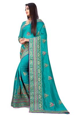 Turquoise embroidered art silk saree with blouse 2