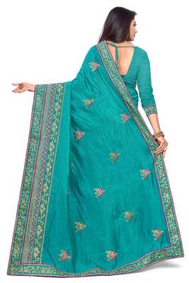 Turquoise embroidered art silk saree with blouse 3
