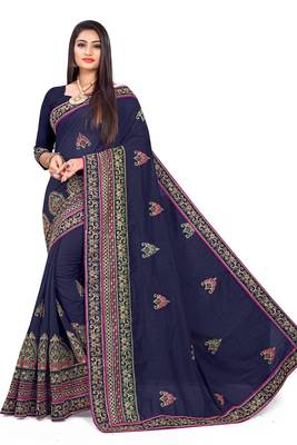 Navy blue embroidered art silk saree with blouse 1