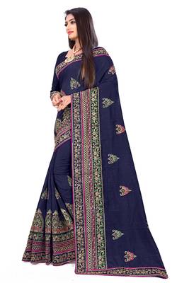 Navy blue embroidered art silk saree with blouse 2