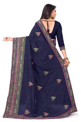 Navy blue embroidered art silk saree with blouse 3