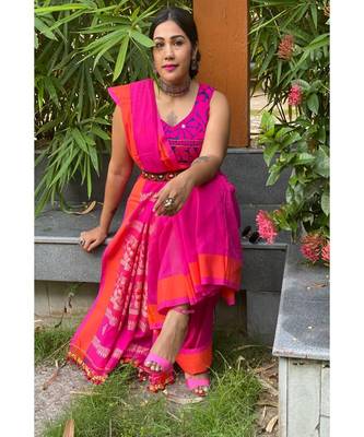 Stunning Rani Pink khadi cotton saree with baluchari motifs 1