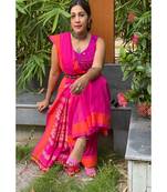 Stunning Rani Pink khadi cotton saree with baluchari motifs