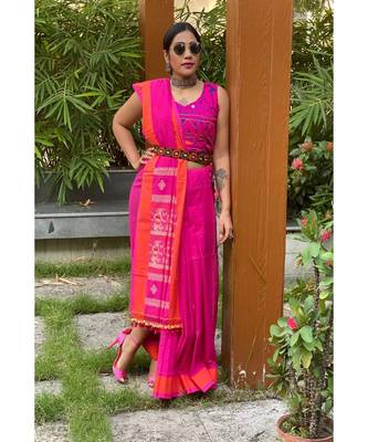 Stunning Rani Pink khadi cotton saree with baluchari motifs 3