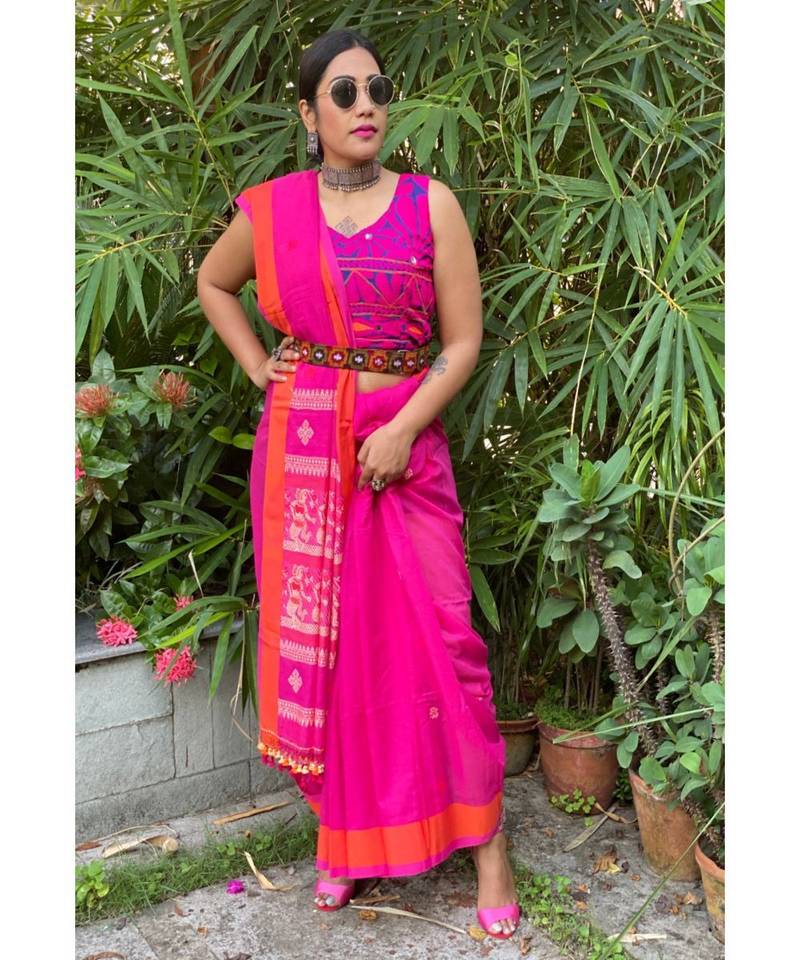 Stunning Rani Pink khadi cotton saree with baluchari motifs
