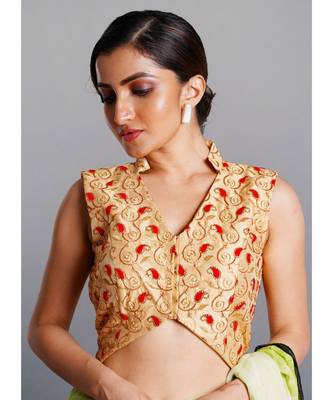 golden with red floral embroidered blouse with asymmetric hem line 1