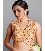 golden with red floral embroidered blouse with asymmetric hem line
