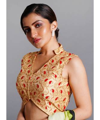 golden with red floral embroidered blouse with asymmetric hem line 2