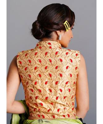 golden with red floral embroidered blouse with asymmetric hem line 3
