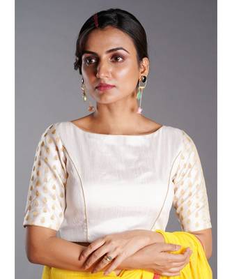 white raw silk blouse with long brocade sleeves and keyhole 1