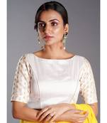 white raw silk blouse with long brocade sleeves and keyhole