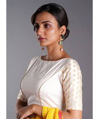 white raw silk blouse with long brocade sleeves and keyhole 2