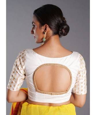 white raw silk blouse with long brocade sleeves and keyhole 3