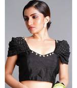 black cold shoulder blouse with pleated cowl sleeves