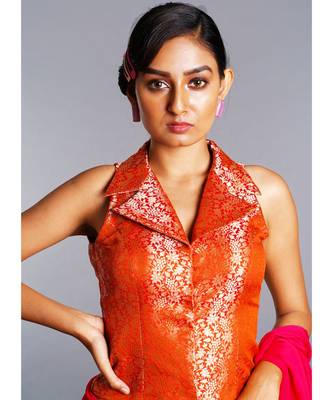 burnt orange long reversible collar blouse 1