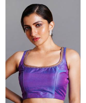 blue dual color sleeveless blouse with lace 1