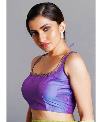 blue dual color sleeveless blouse with lace 2