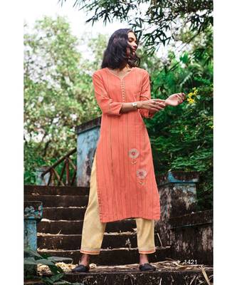 Dark Coral Pure Cotton Embroidery Kurta With Silk Light Peach Pant 1