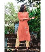 Dark Coral Pure Cotton Embroidery Kurta With Silk Light Peach Pant