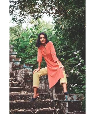 Dark Coral Pure Cotton Embroidery Kurta With Silk Light Peach Pant 2