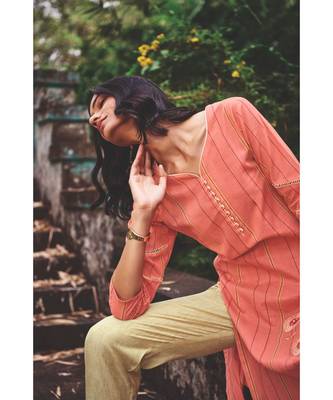 Dark Coral Pure Cotton Embroidery Kurta With Silk Light Peach Pant 3