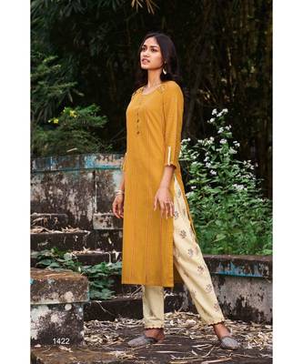 Mustard Yellow Pure Cotton Embroidery Kurta With Cotton light Peach Pant 1
