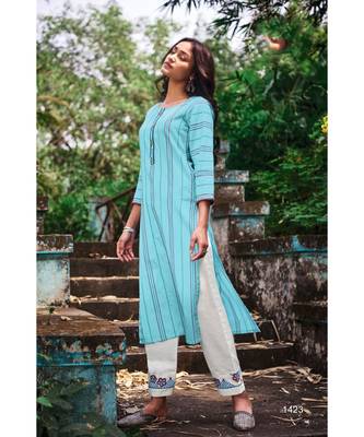 Sky Blue Pure Cotton Embroidery Kurta With Cotton Jacqurd White Pant 1