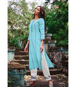 Sky Blue Pure Cotton Embroidery Kurta With Cotton Jacqurd White Pant