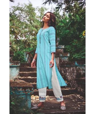 Sky Blue Pure Cotton Embroidery Kurta With Cotton Jacqurd White Pant 2
