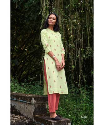 Cotton  Embroidery Lime Green Kurta with Cotton  Brick Red pant 1