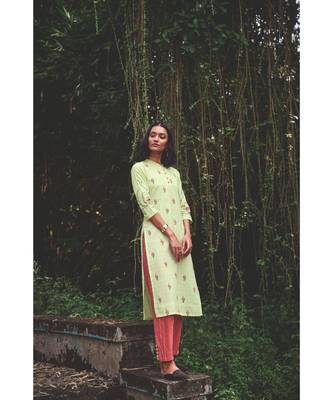 Cotton  Embroidery Lime Green Kurta with Cotton  Brick Red pant 2