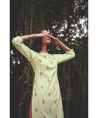 Cotton  Embroidery Lime Green Kurta with Cotton  Brick Red pant 3