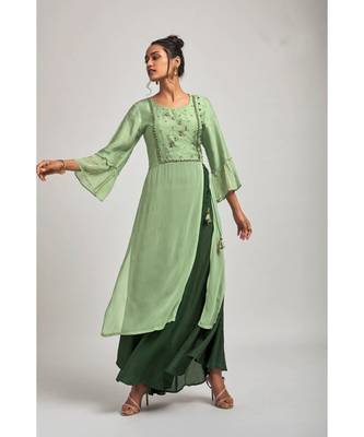 Viscose With Pure Georgette Green Kurta With  Silk Green Pants 1