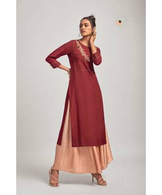 Viscose Maroon Kurta With Linen Peach Pants 1