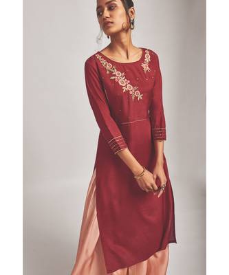 Viscose Maroon Kurta With Linen Peach Pants 2