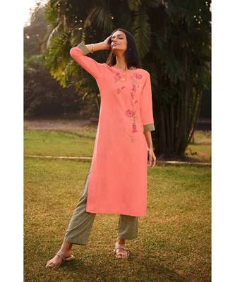 Peach  Heavy Viscose Kurta With Cotton  Green Pants 1