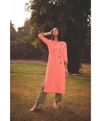 Peach  Heavy Viscose Kurta With Cotton  Green Pants 2