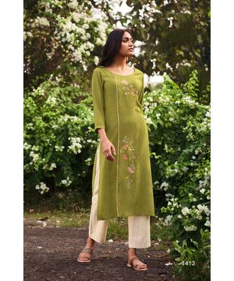 Green Heavy Viscose Kurta With Cotton  Off White Pants 1