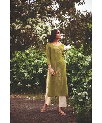 Green Heavy Viscose Kurta With Cotton  Off White Pants 2