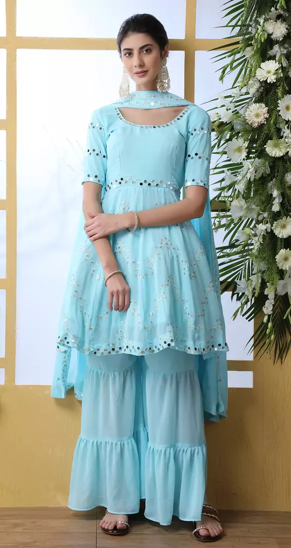DESIRING Sky-blue thread embroidery georgette salwar Kameez With dupatta