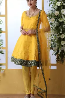 ARRESTING Mustard thread embroidery art silk semi stitched chudidar salwar