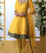 ARRESTING Mustard thread embroidery art silk semi stitched chudidar salwar