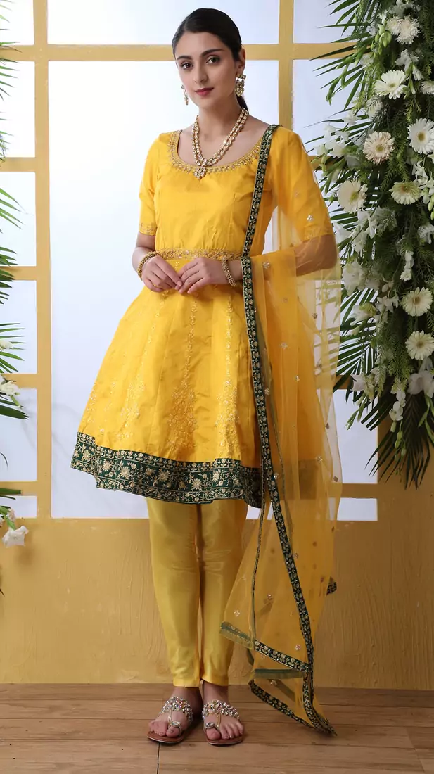 ARRESTING Mustard thread embroidery art silk semi stitched chudidar salwar