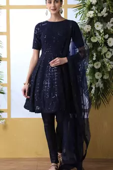 Navy-blue thread embroidery Georgette salwar Kameez With dupatta