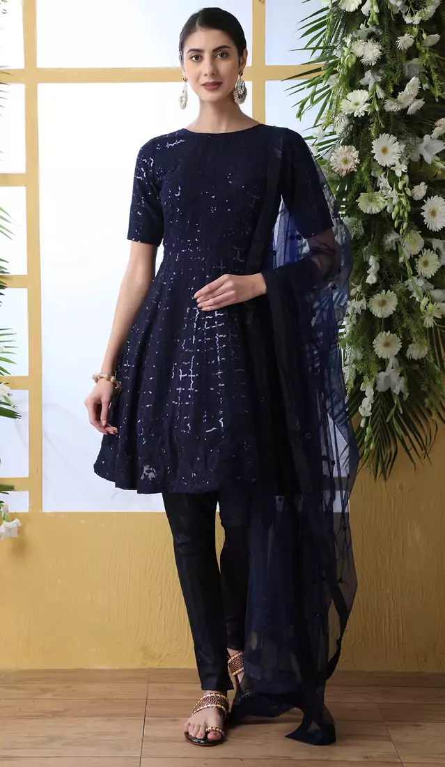 Navy-blue thread embroidery Georgette salwar Kameez With dupatta