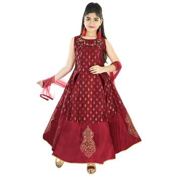 Maroon Printed Embroidered Silk Gown for Girls 1