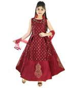 Maroon Printed Embroidered Silk Gown for Girls