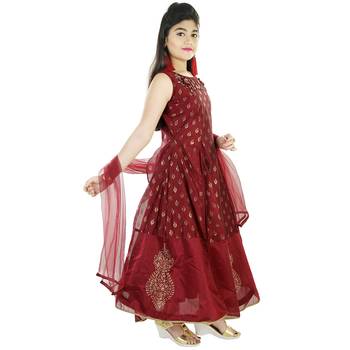 Maroon Printed Embroidered Silk Gown for Girls 2